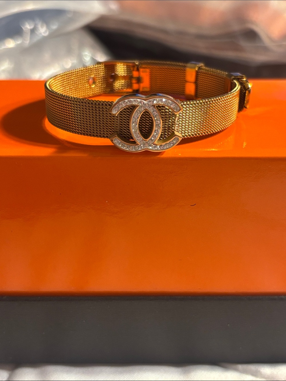 Brand New  Gold-Tone Mesh Bracelet with Crystal CC Emblem